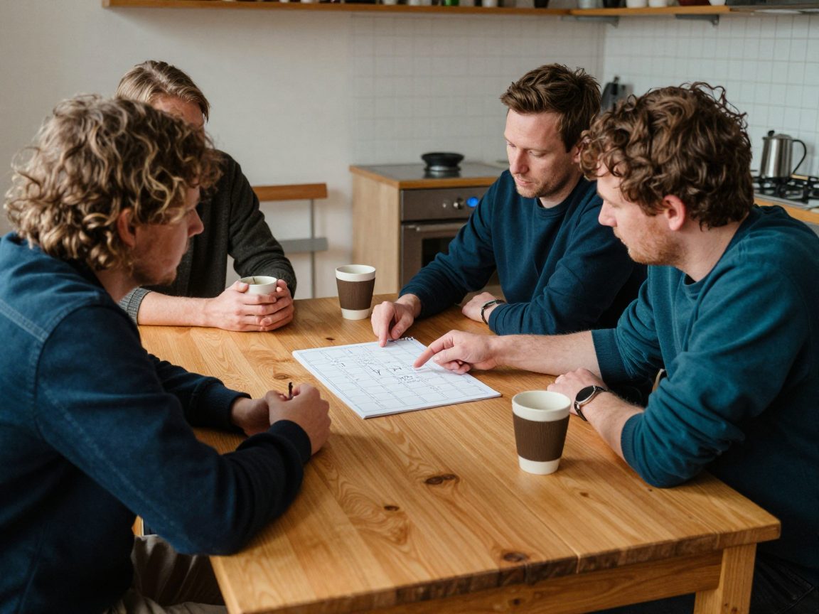 Bandleden plannen een opnamesessie aan een houten tafel met setlist, kalender en koffie.