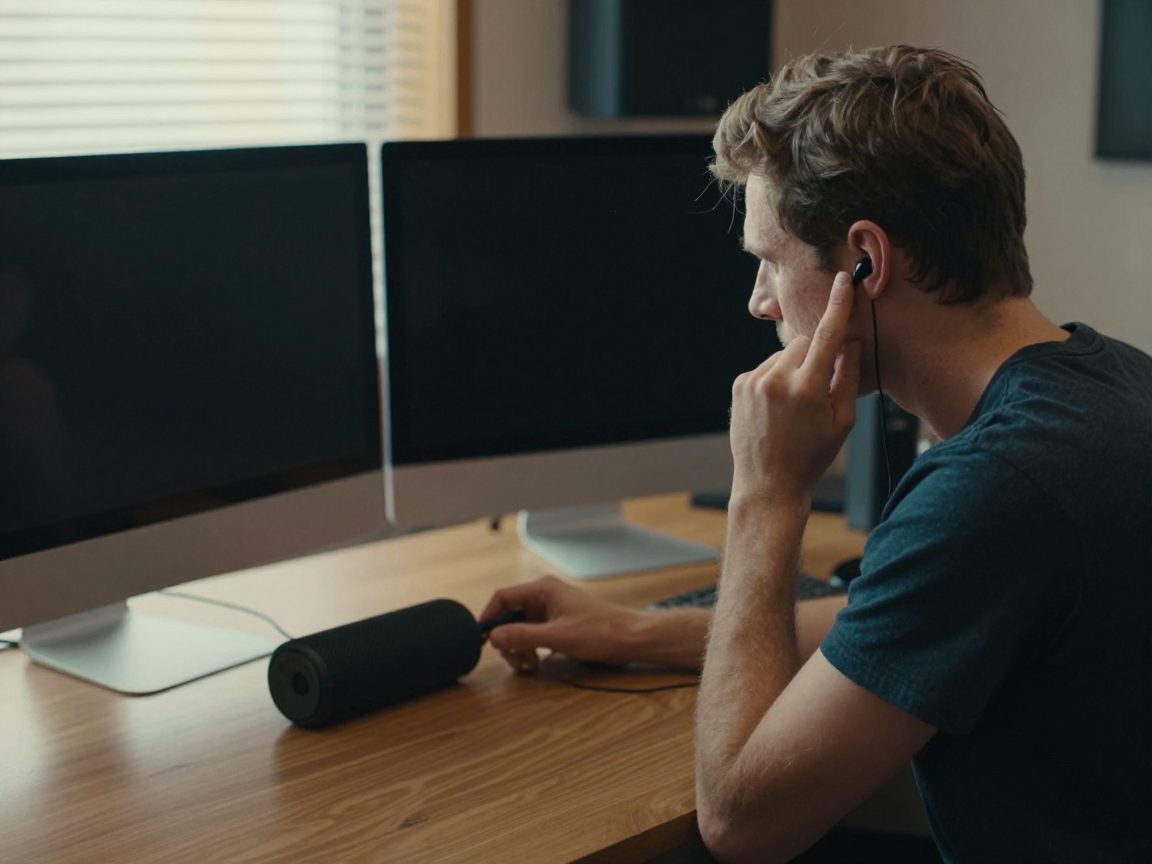 Man vergelijkt een master via oordopjes en een kleine speaker naast grote studiomonitoren.