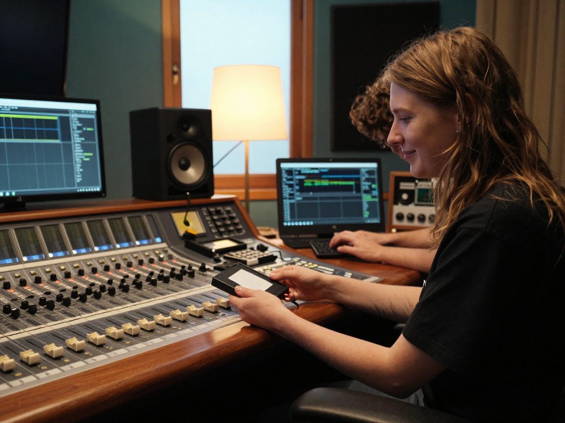 Muzikant geeft een externe harde schijf met opnames aan de engineer in de regiekamer.