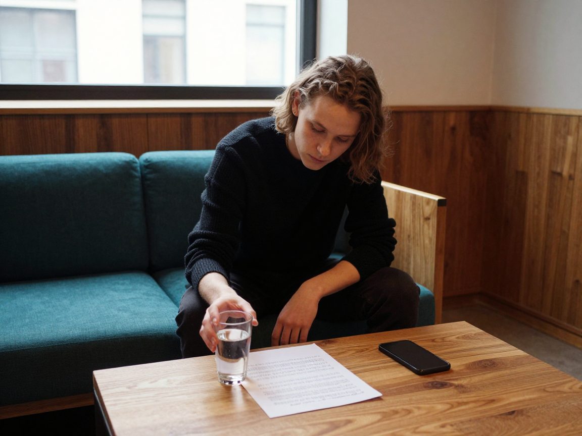 Jonge zanger warmt op in de studiolounge met een glas water en een tekstvel op tafel.