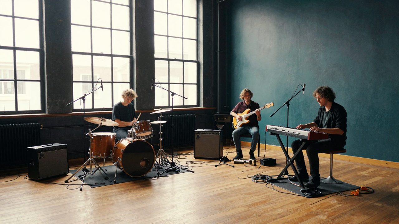 Viermansband speelt samen in een ruime opnameruimte met houten vloer en microfoons rond instrumenten.