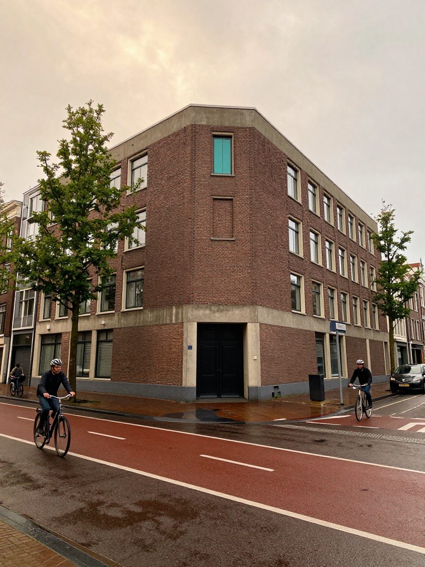 Bakstenen gebouw aan een brede laan in Amsterdam Oost met fietsers op het rode fietspad.