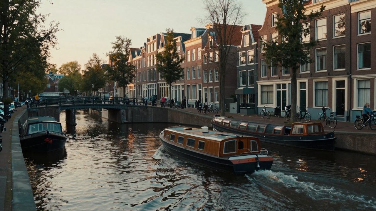 Avondlicht langs de Amstel met een rondvaartboot, woonboten en fietsers op een lage brug.