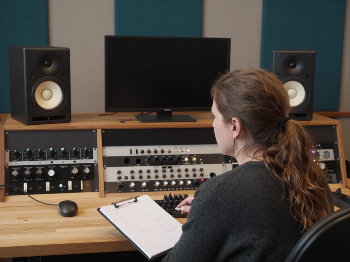Masteringtechnicus luistert geconcentreerd tussen grote luidsprekers naast een rack met analoge apparatuur.