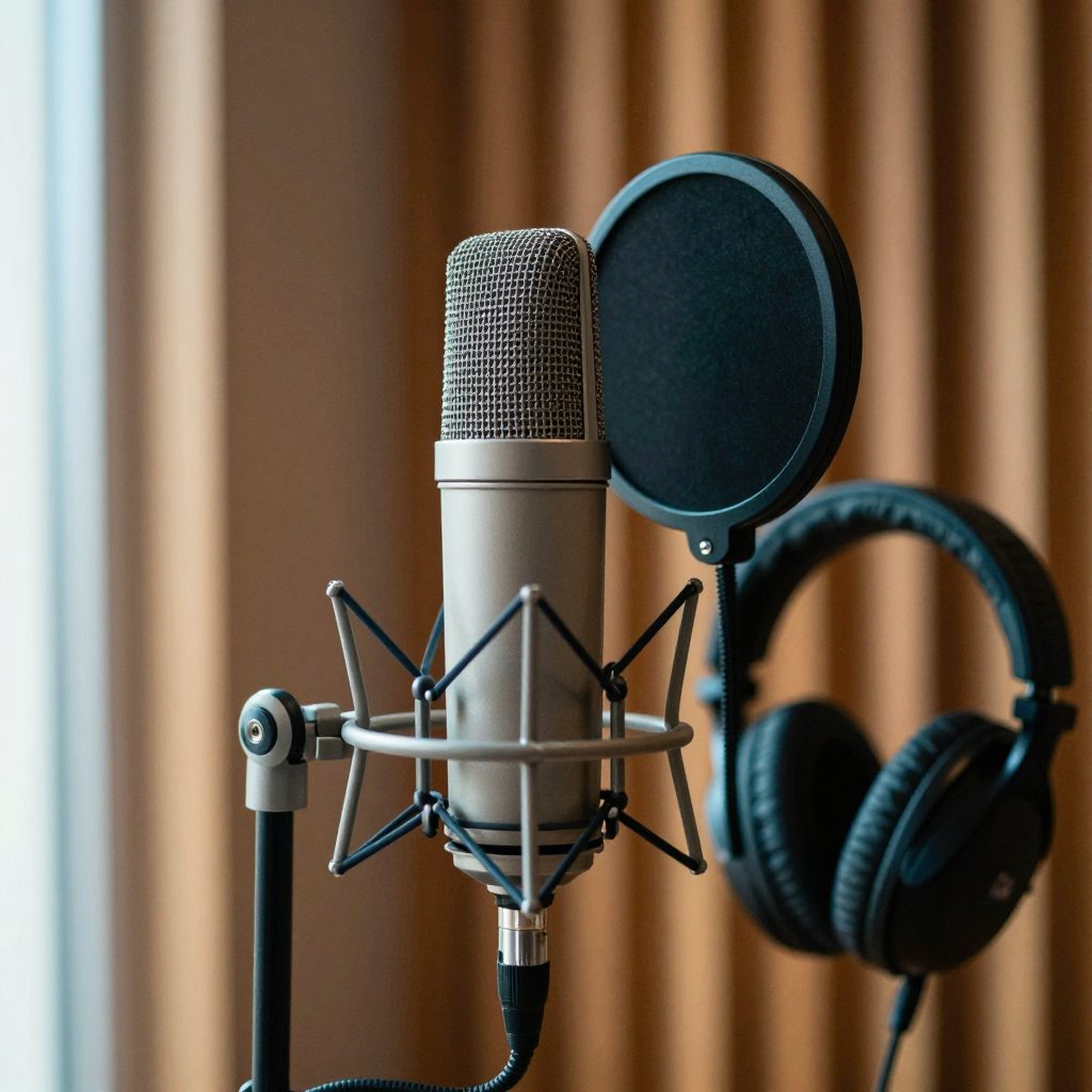 Close-up van een grootmembraan-condensatormicrofoon met popfilter en een koptelefoon aan het statief.