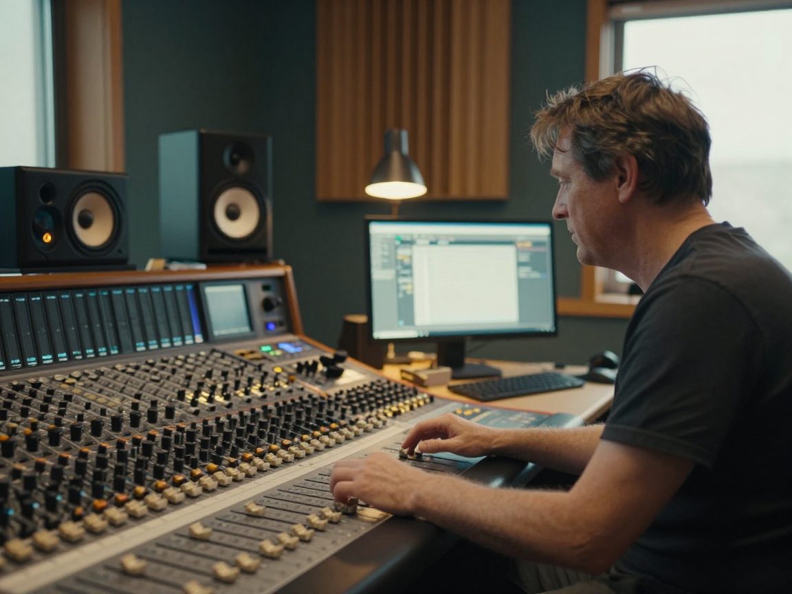 Geluidstechnicus bedient de faders van een mengtafel tussen twee studiomonitoren in de regiekamer.