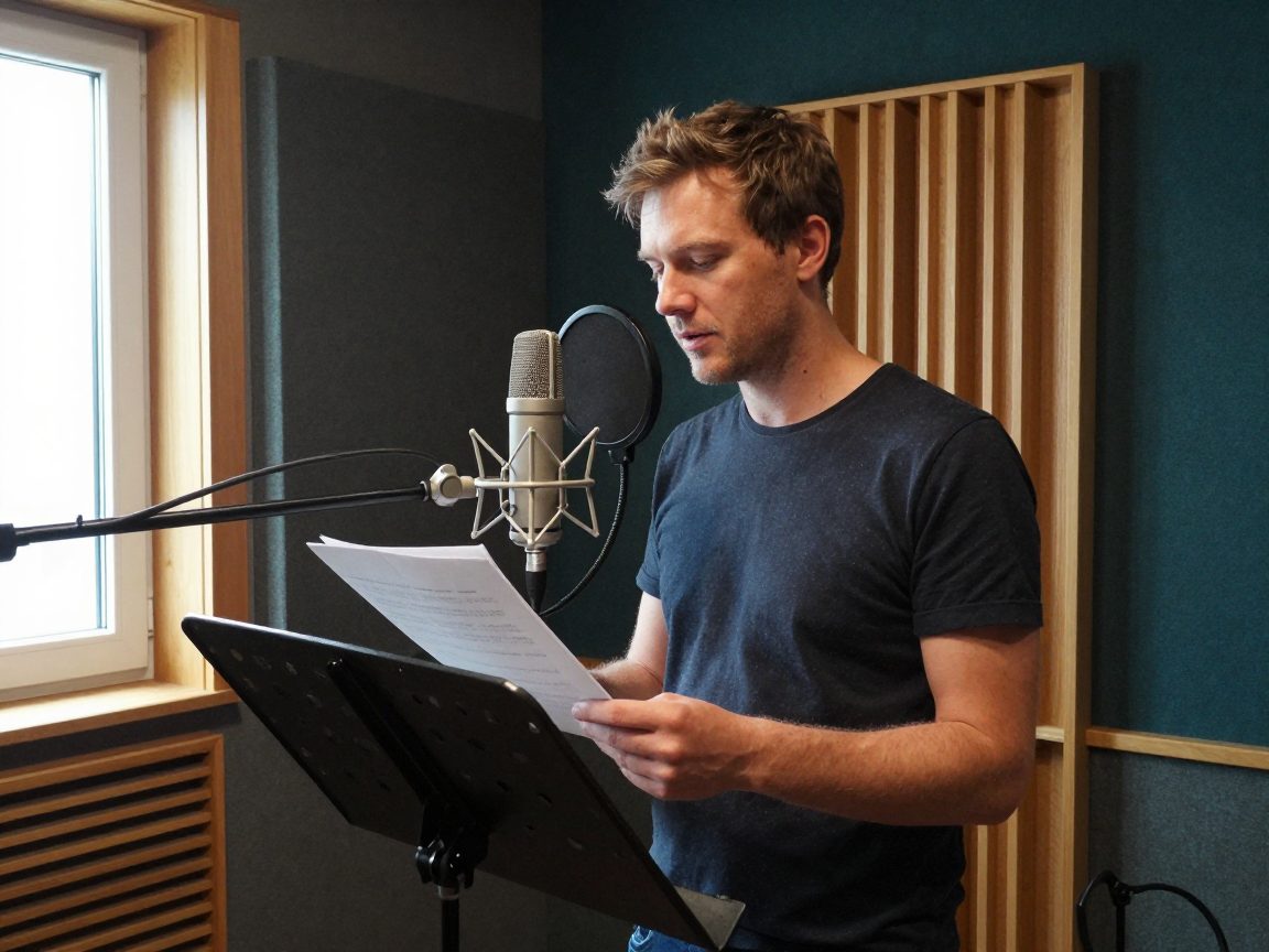 Man spreekt een voice-over in met papieren script in een kleine akoestische stemcabine.